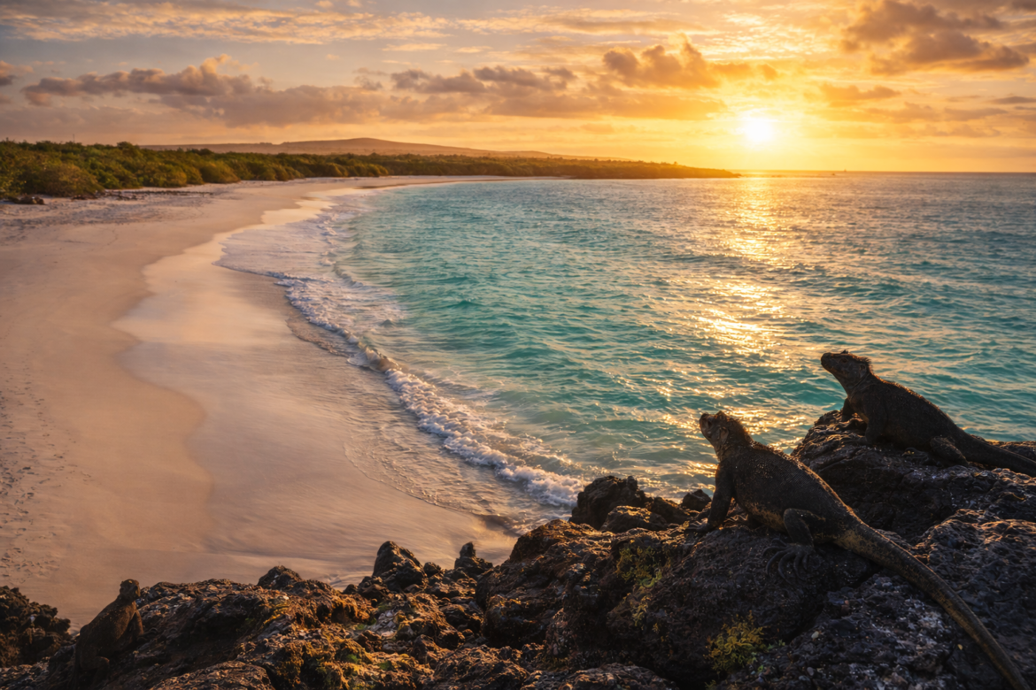 Tortuga Bay beach with white sand and turquoise water at sunset